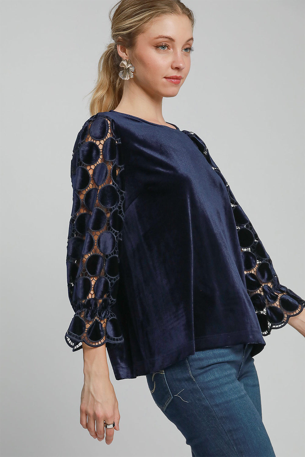 Umgee Lace Velvet Retro Top Sheer Polka-dot Ruffle Long Sleeve Shirt Boho Blouse