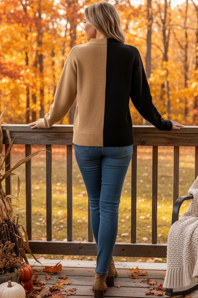 Halloween Knit Jack O’ Lantern Colorblock Relaxed Crew Neck Pullover Sweater