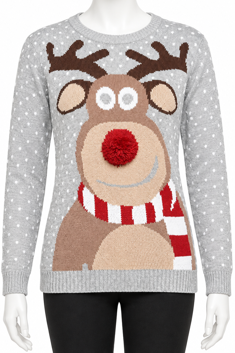 3D Pom-Pom Nose Christmas Reindeer Knit Sweater Crew Neck Long Sleeve Pullover