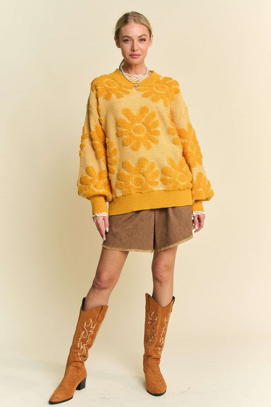 DAVI & DANI French Terry Daisy Knit Long Sleeve Shirt Oversized Retro Pullover Top