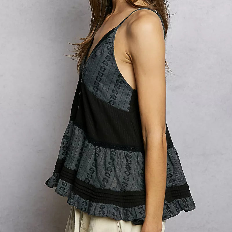 POL Ruffle Cami Top Pintuck Seams Boho Patchwork Sleeveless Metallic Button Shirt Black