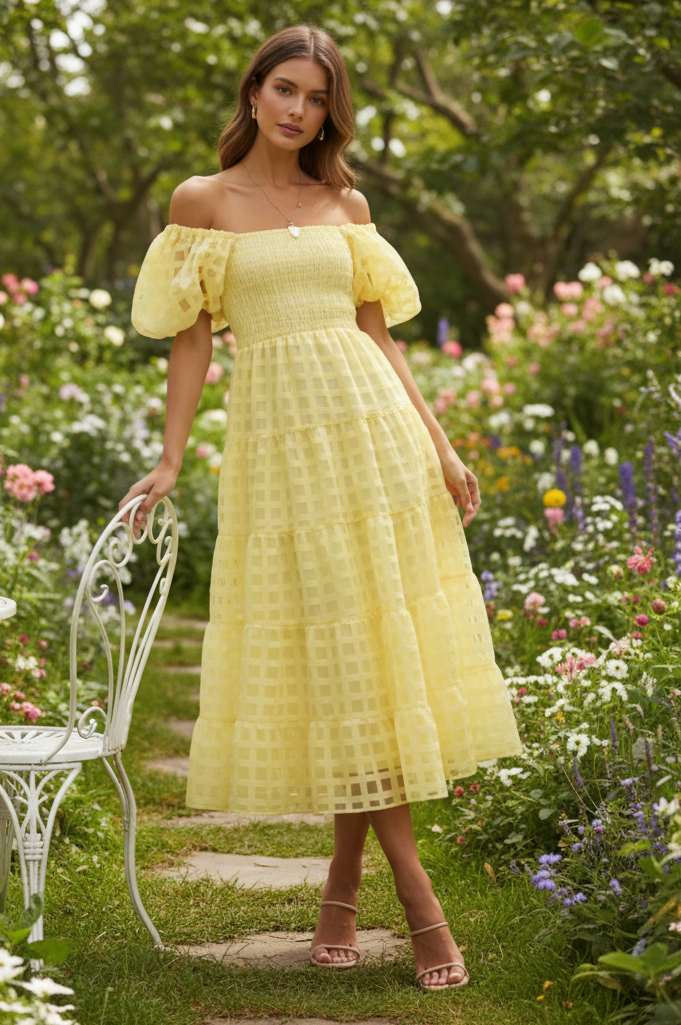 Off Shoulder Short Puff Sleeve Elastic Smocked Bodice Tiered A-line Midi Dress