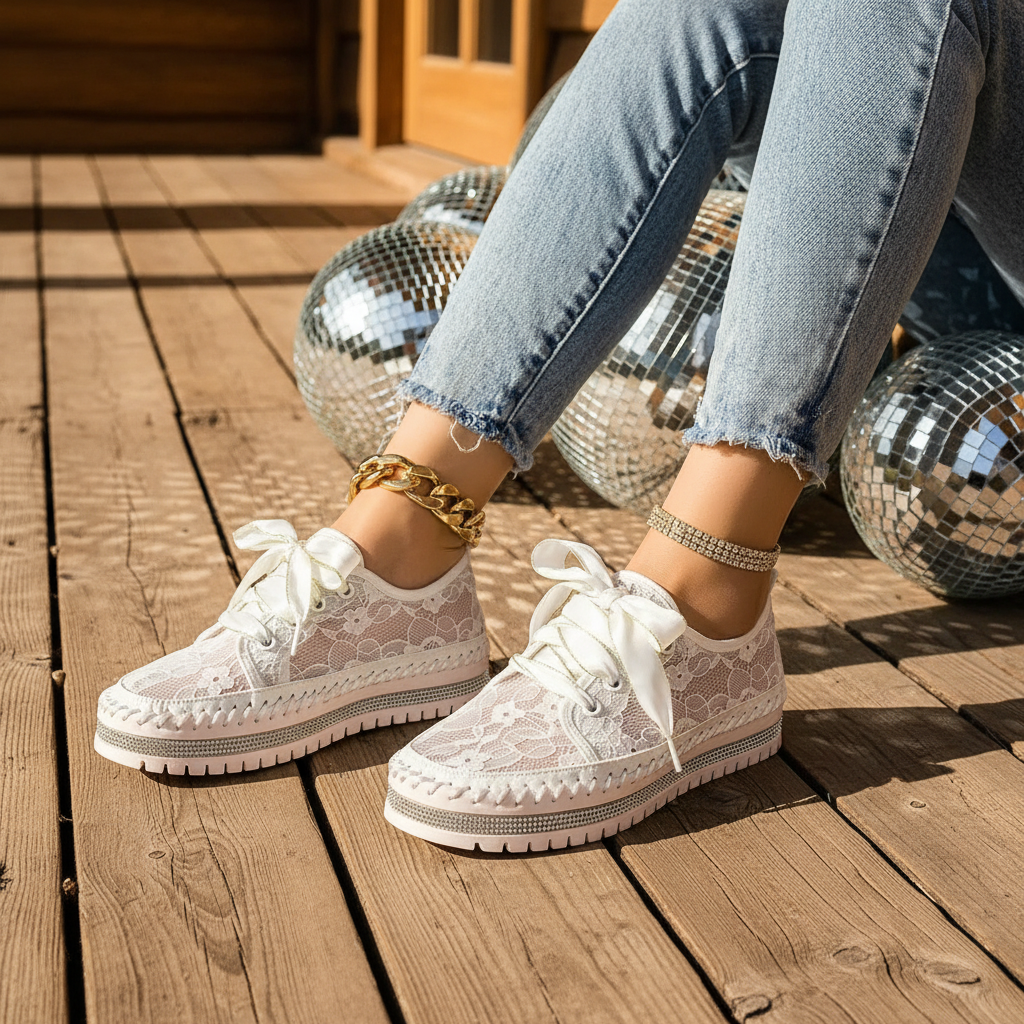 Lace Mesh Rhinestone Platform Sneakers Satin Ribbon Laces Retro Y2K Bling Shoes