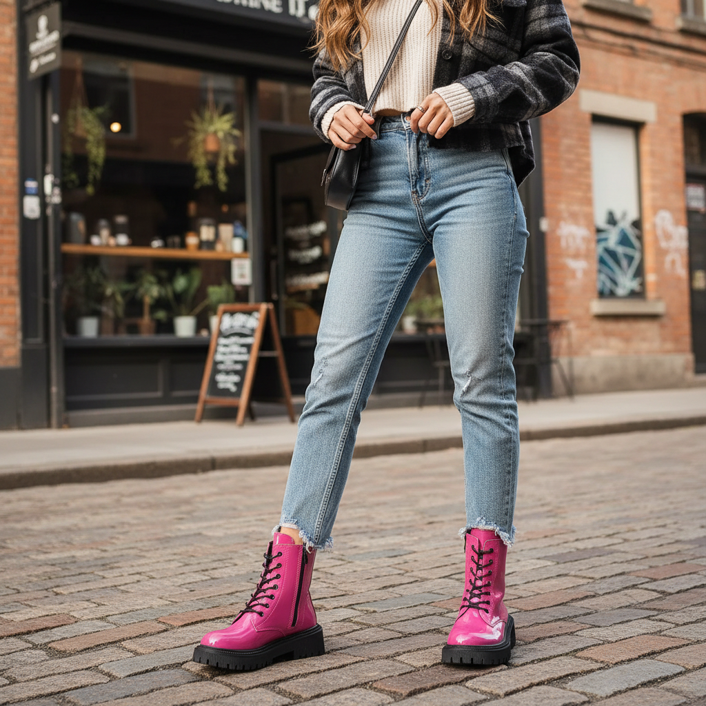 Bright Platform Chunky Lug Combat Boots Vegan Patent Leather Lace-Up K-pop Shoes