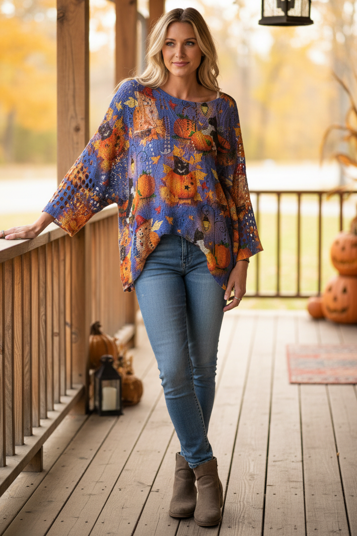 Crochet Openwork Halloween Pumpkin Jack-O-Lantern Colorful Knit Oversized Sweater