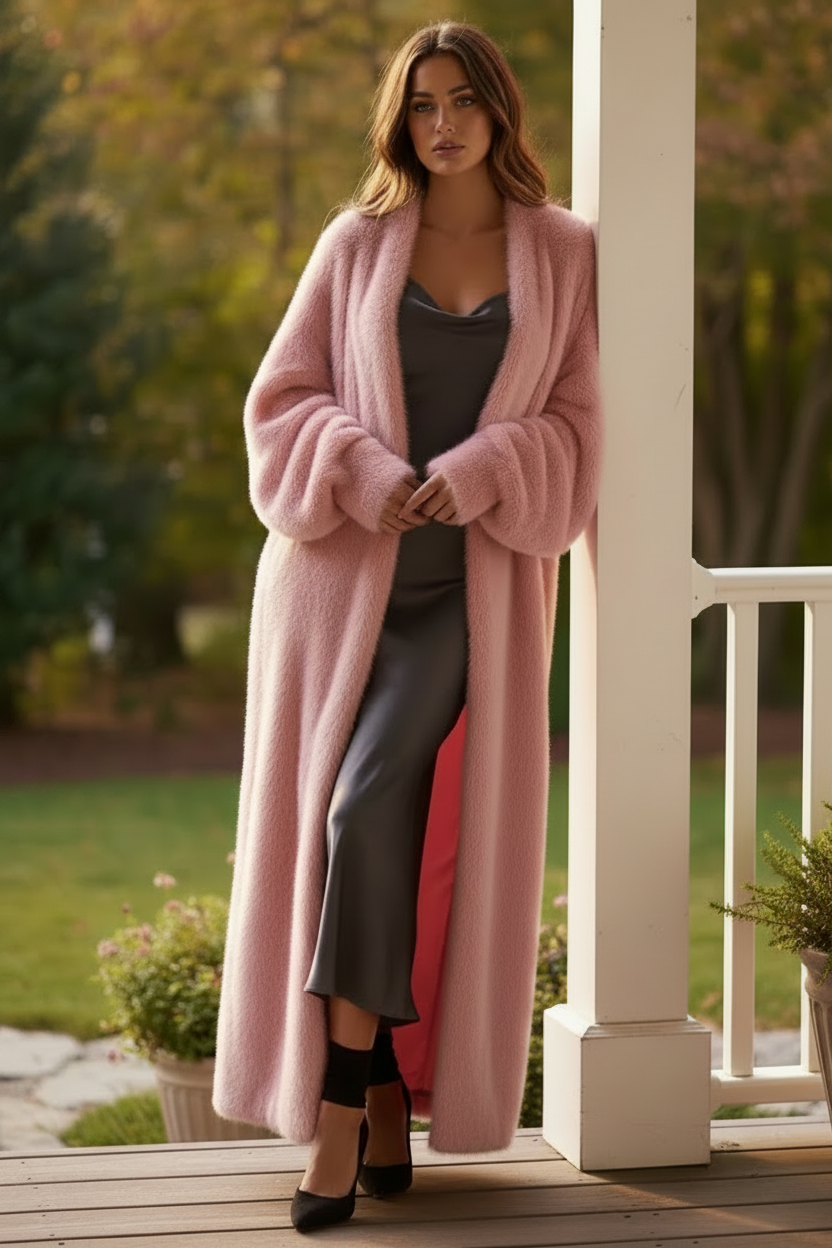 Oversized Longline Cozy Open Front Plush Long Sleeve Fuzzy Full-length Cardigan