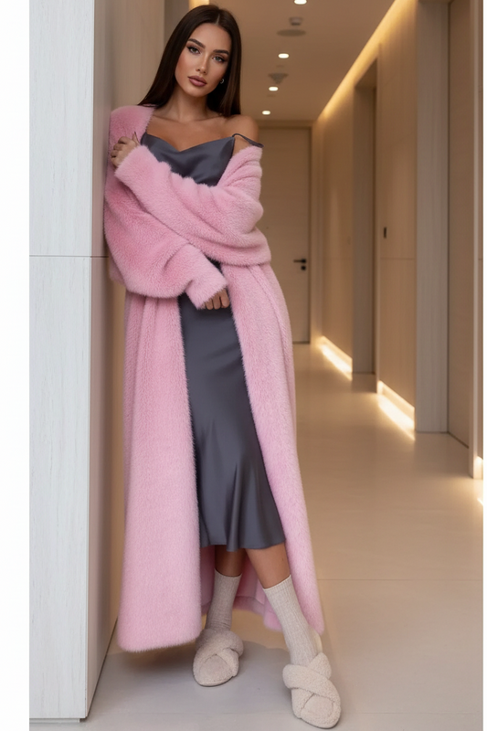 Oversized Longline Cozy Open Front Plush Long Sleeve Fuzzy Full-length Cardigan