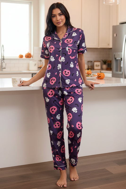 Pumpkin Ghost Button-Down Short Sleeve Set Lounge Pants Matching Halloween Pajamas