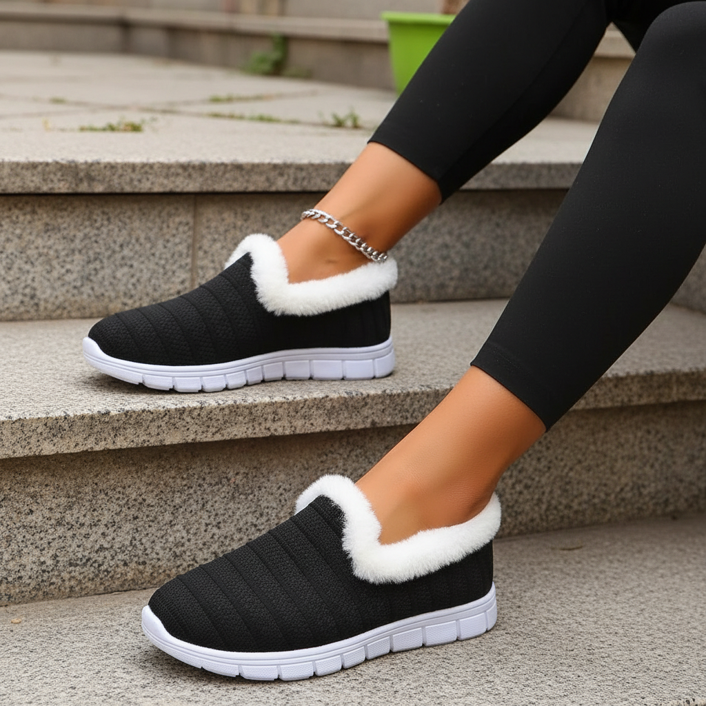 Breathable Mesh Fuzzy Faux Fur Trim House Shoes Slip-On Cozy Sneakers