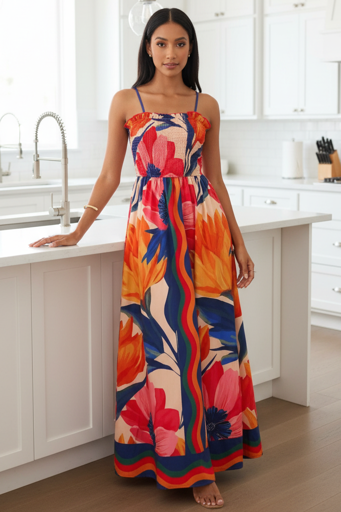 Abstract Floral Ruffle Square Neck Smocked Spaghetti Strap A-Line Maxi Dress