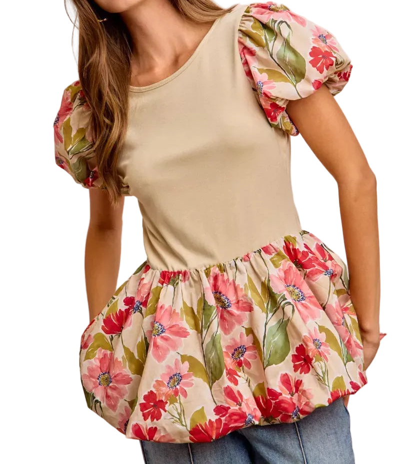 BiBi Granny Floral Bubble Short Sleeve Top Peplum Tunic Blouse Round Neck Shirt Beige Floral
