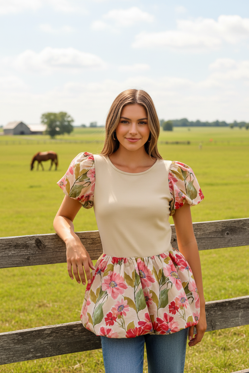 BiBi Granny Floral Bubble Short Sleeve Top Peplum Tunic Blouse Round Neck Shirt Beige Floral