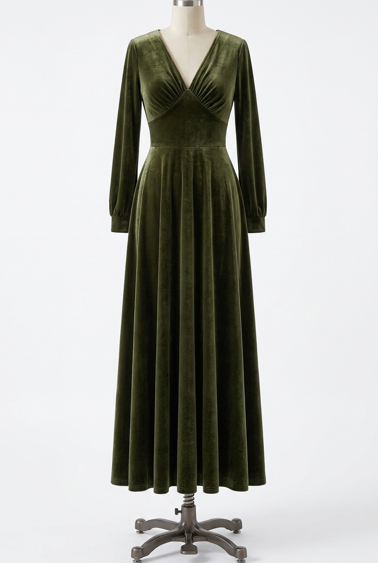 Velvet Maxi Dress Ruched V-Neck Empire Waist Long Sleeve Fit Flare Plus Size