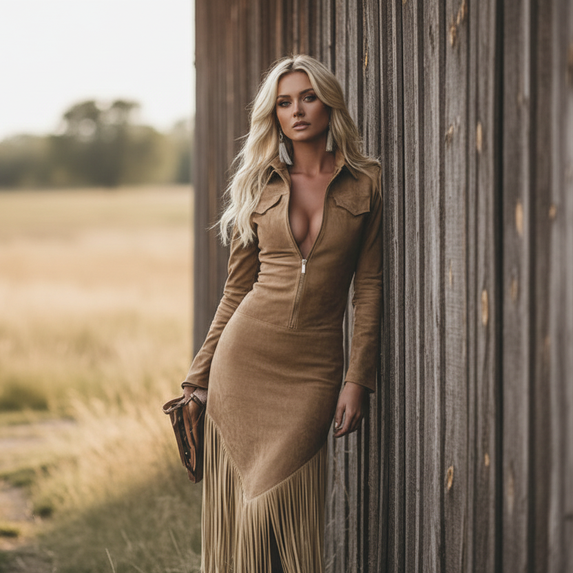Western Fringe Collar Zip-Front Long Sleeve Asymmetrical Bodycon Shirt Mini Dress