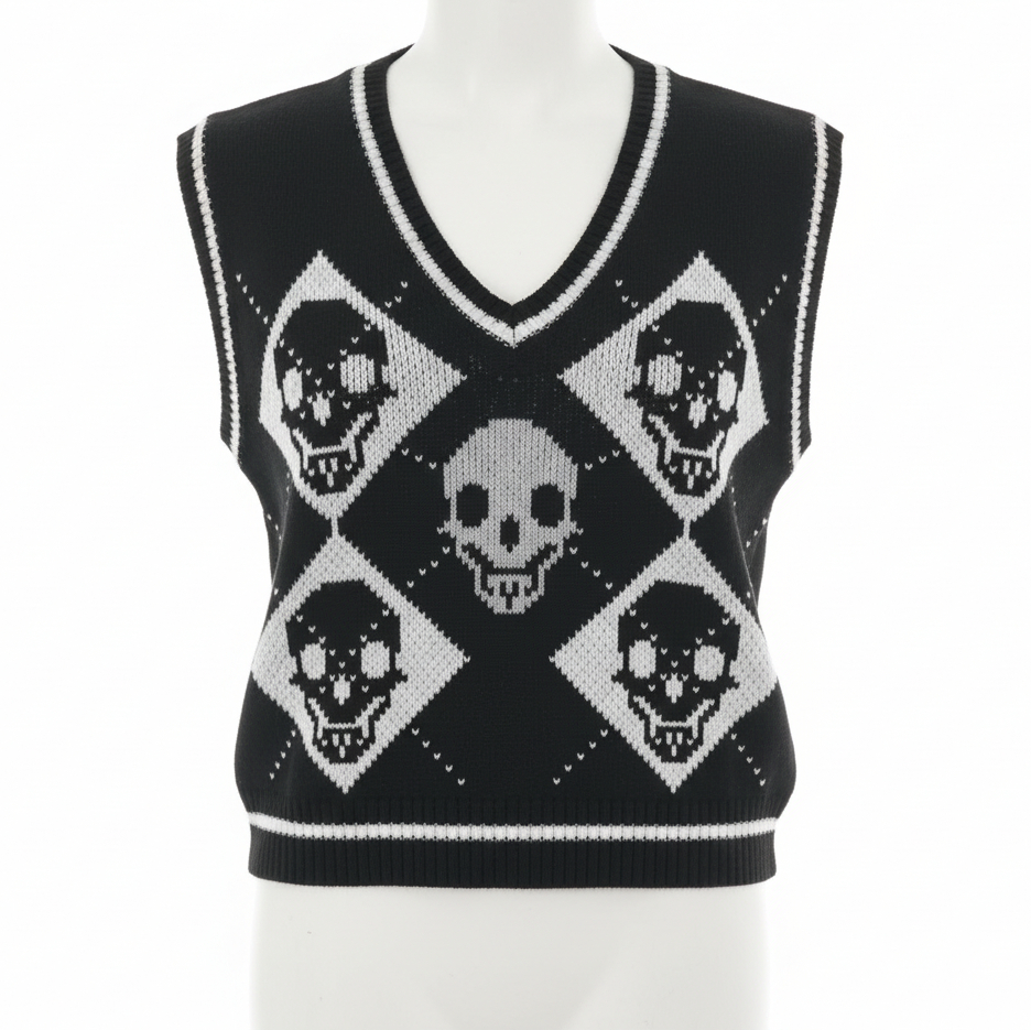 Skull Argyle V-Neck Boxy Knit Sweater Vest Contrast Stripe Sleeveless Pullover Top
