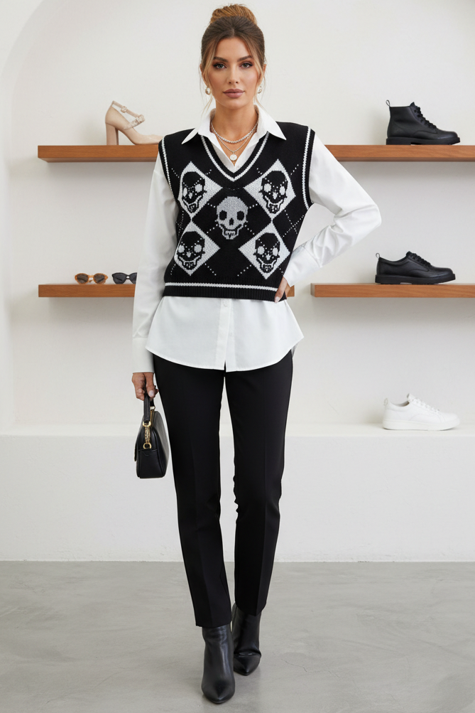 Skull Argyle V-Neck Boxy Knit Sweater Vest Contrast Stripe Sleeveless Pullover Top