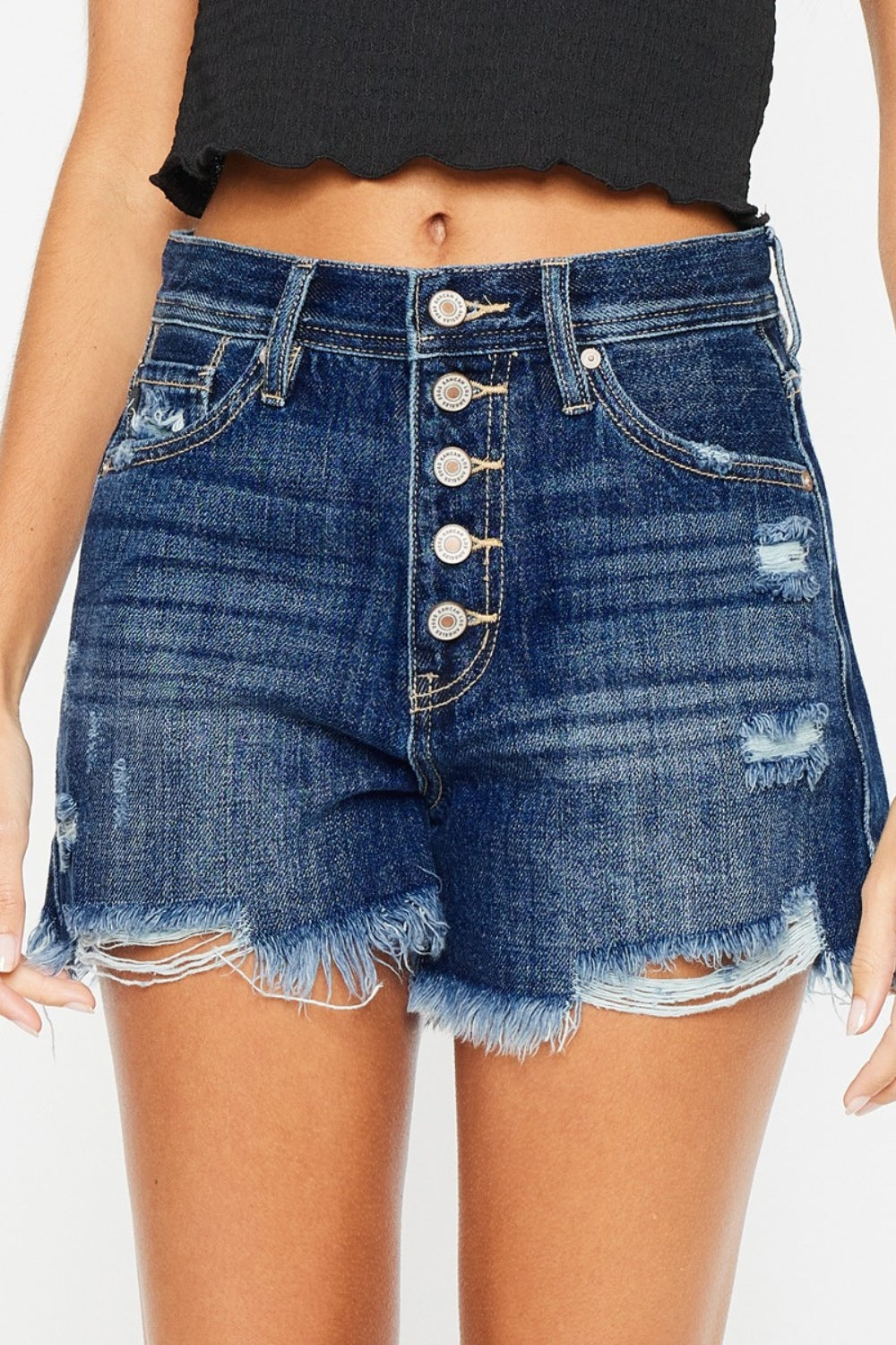 KanCan Button Fly High-Rise Frayed Denim Cut-Off Distressed Cotton Jean Shorts