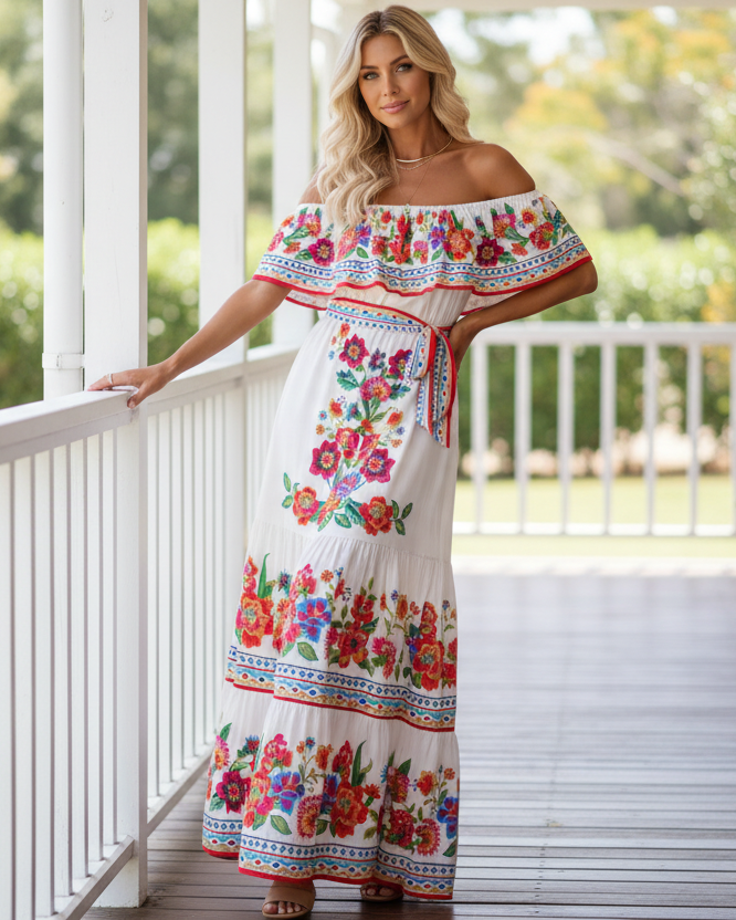 Floral Ruffle Off Shoulder Belted Elastic Waist Retro 70s Tiered Boho Maxi Dress