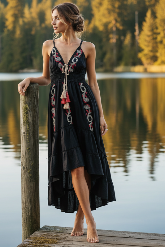 POL Cotton Embroidered Tassel Tie Smocked Waist Midi Tiered High-Low Dress