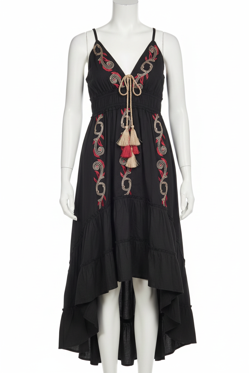 POL Cotton Embroidered Tassel Tie Smocked Waist Midi Tiered High-Low Dress
