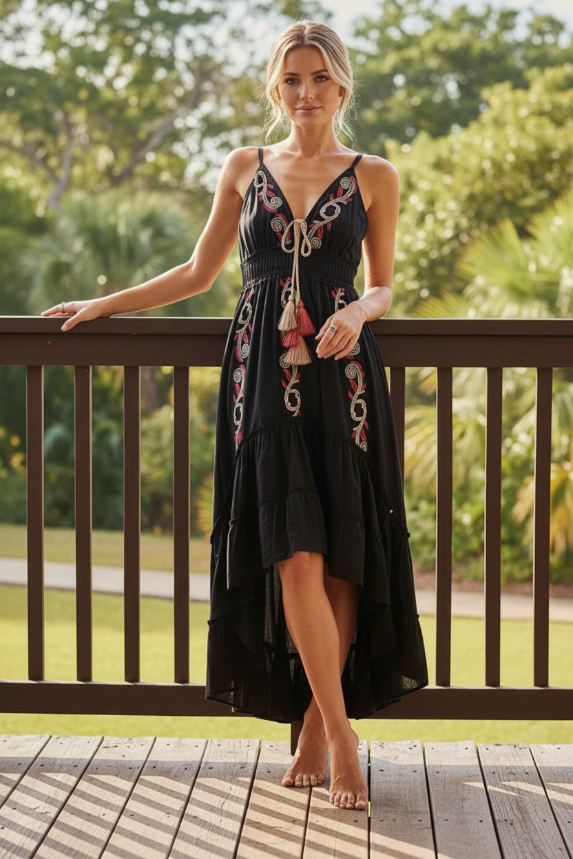 POL Cotton Embroidered Tassel Tie Smocked Waist Midi Tiered High-Low Dress