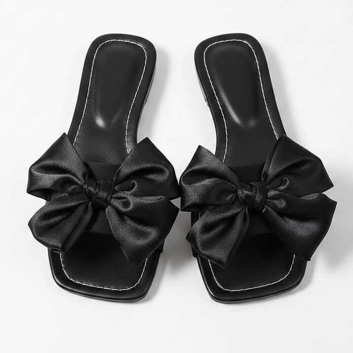 Bold Oversized Silky Bow Sandals Square Open Toe Slip-On Flats Coquette Shoes