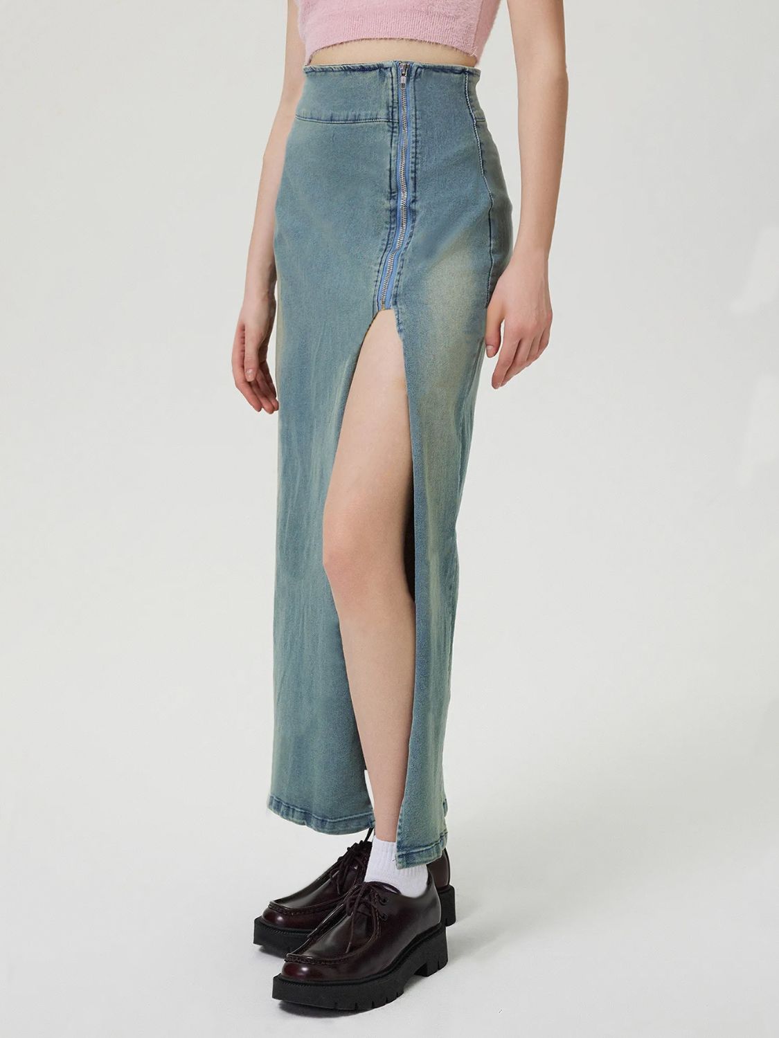 Zipper High-Rise Asymmetrical Cutout Slit Bent Seam Denim Retro Jean Midi Skirt