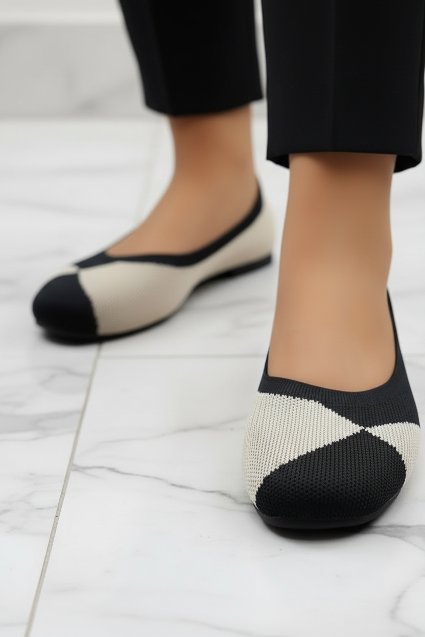 Two-Tone Geometric Knit Square Toe Ballet Flats Slip-On Shoes Contrasting Artsy Swirl