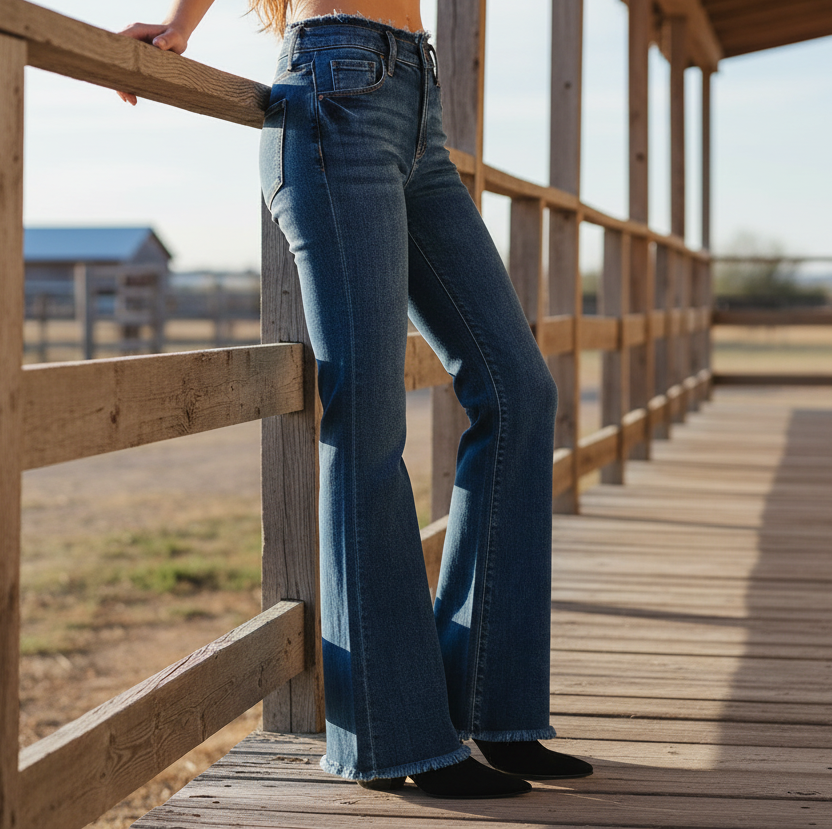 Risen Mid-Rise Frayed Waistband Slim Fit Retro Bootcut Jeans Raw Hem Denim Pants Plus Size Available