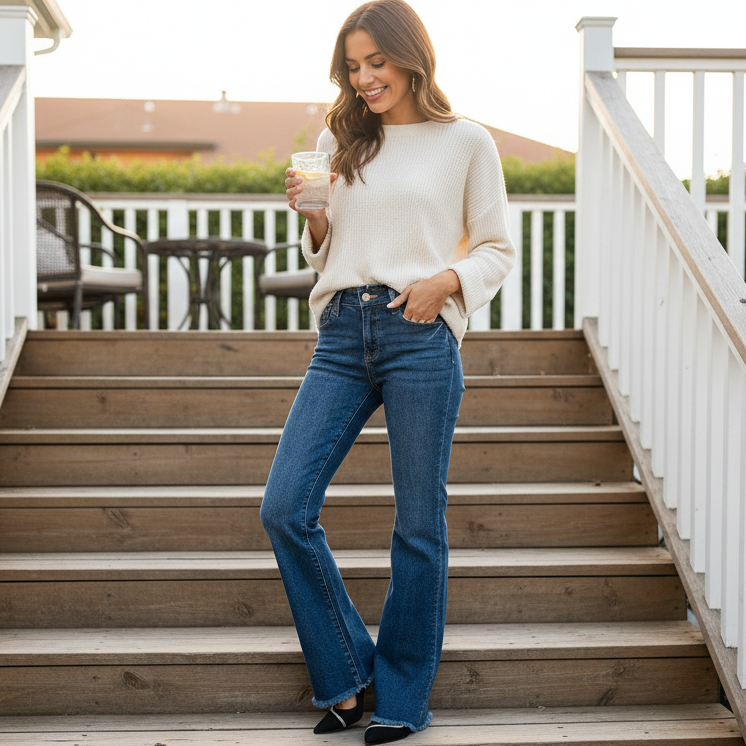 Risen Mid-Rise Frayed Waistband Slim Fit Retro Bootcut Jeans Raw Hem Denim Pants Plus Size Available