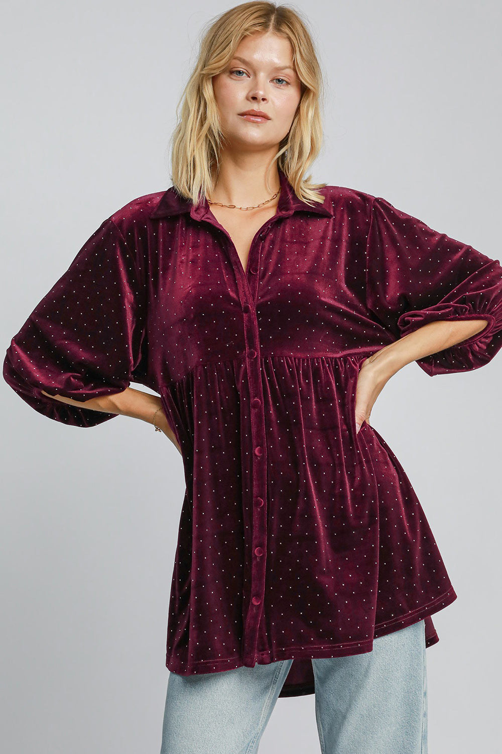 Umgee Velour Polka-dot Boho Oversized Top Peplum Babydoll Shirt Velour Blouse