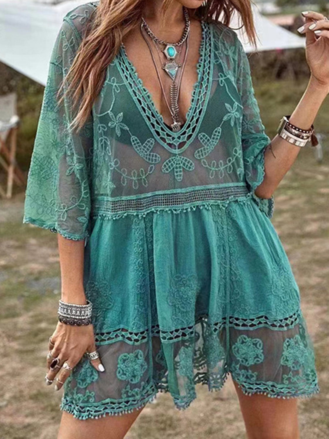 Lace Bohemian Oversized Swim Coverup Mini Dress Half-Sleeve Swimwear Cover