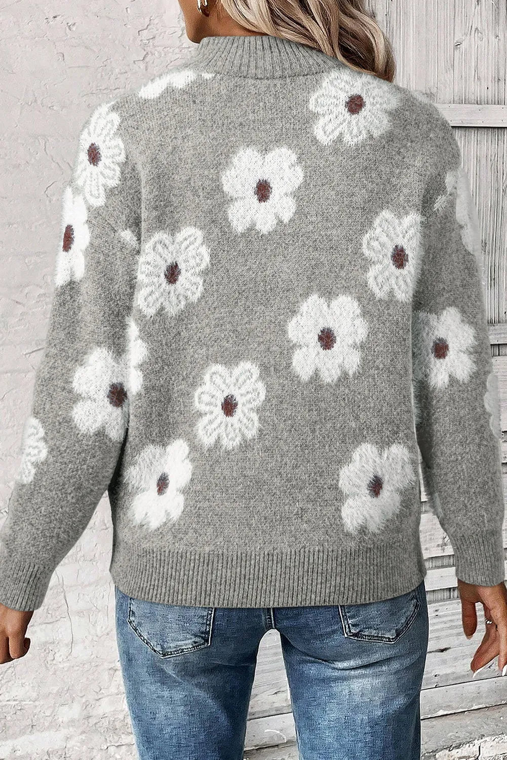 Fuzzy Half-Zip Pullover Daisy Retro Flower Top Eyelash Knit Henley Neck Sweater Shirt