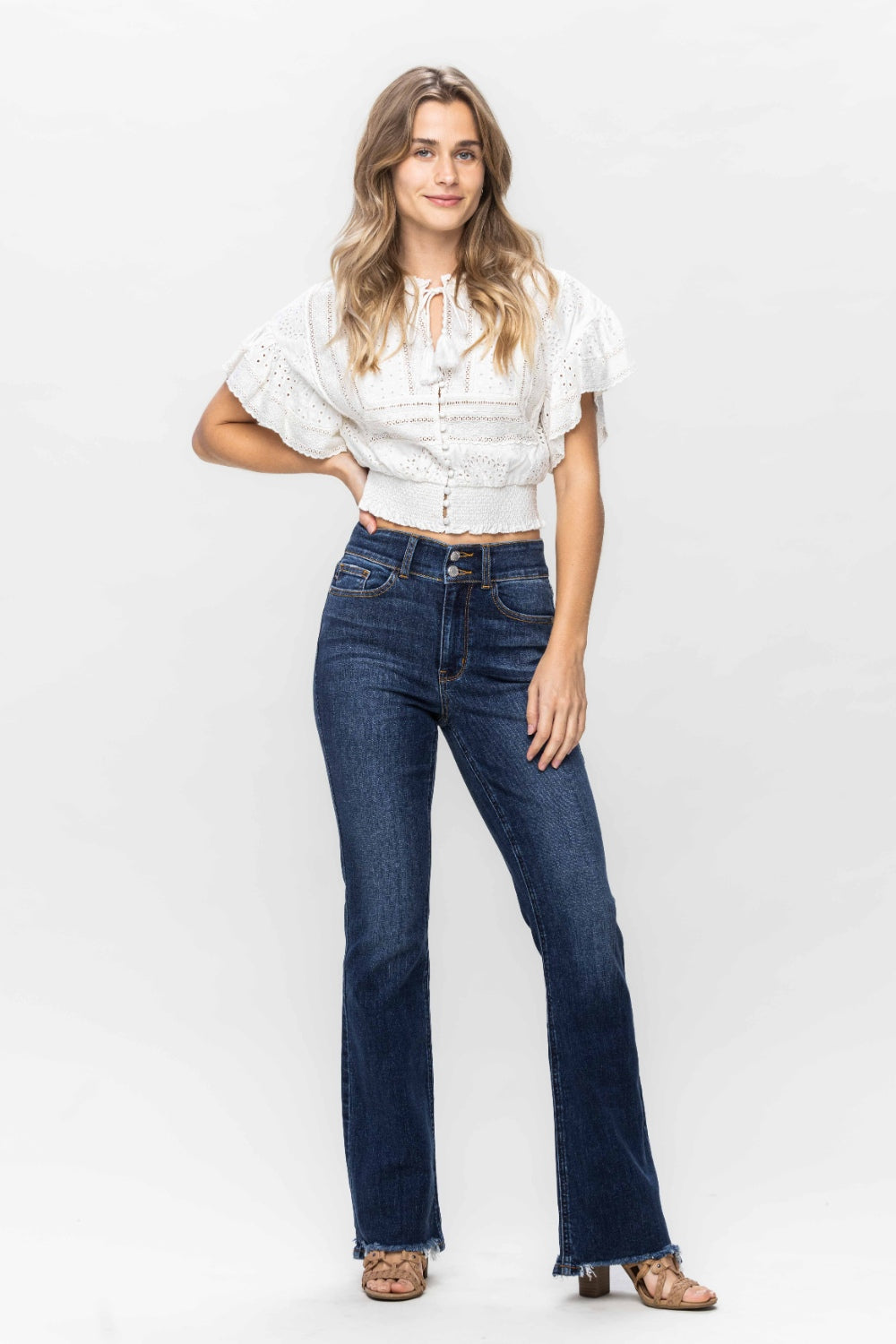 Judy Blue High-Rise Jeans Double Button Bootcut Distressed Torn Hem Denim Pants