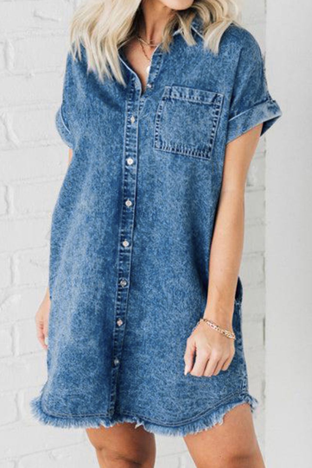 Distressed Denim Short Sleeve Button Front Pocket Blue Jean Cotton Mini Shirt Dress