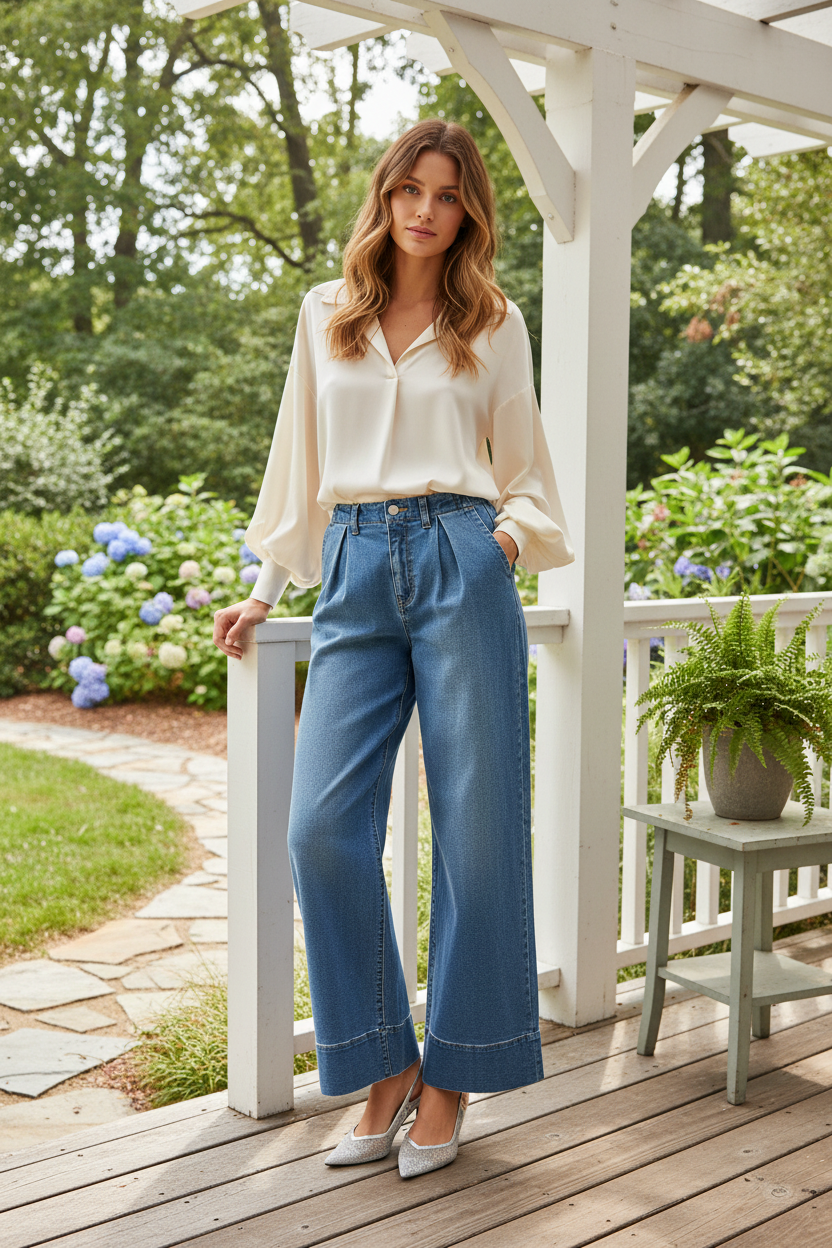 Risen High-Rise Baggy Wide Leg Slit Pocket Pleated Denim Pants Trouser Jeans