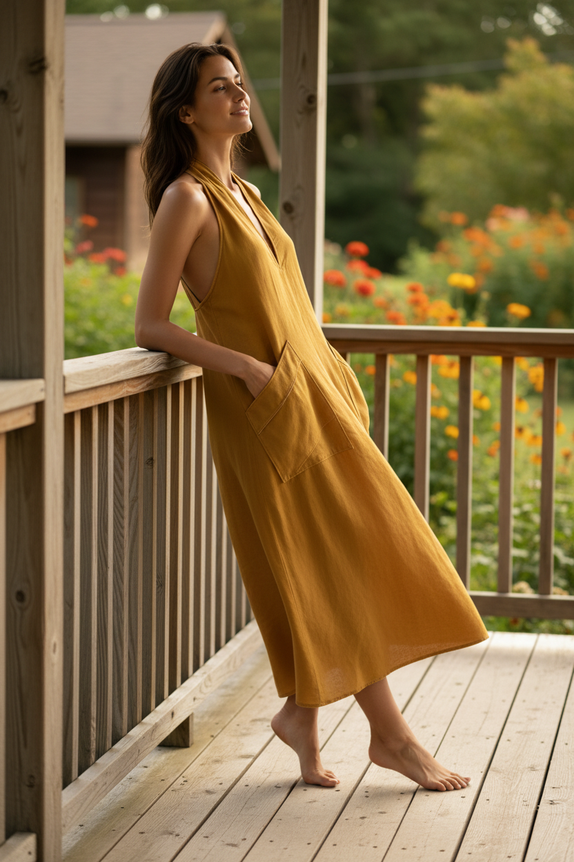 Oversized Baggy Patch Pocket Halter Neck Plunging V-Neck Backless Boho Midi Dress