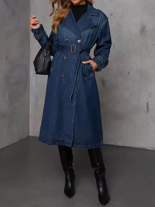 Denim Trench Coat Double Breasted Button-Up Collared Longline Belt Jean Jacket