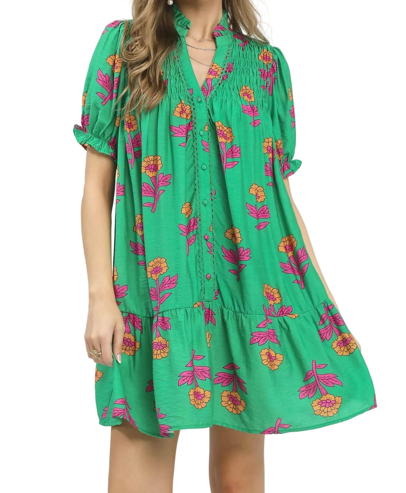 Umgee Floral Button-Up Smocked Lace Trim Puff Sleeve Ruffle Babydoll Mini Dress Green