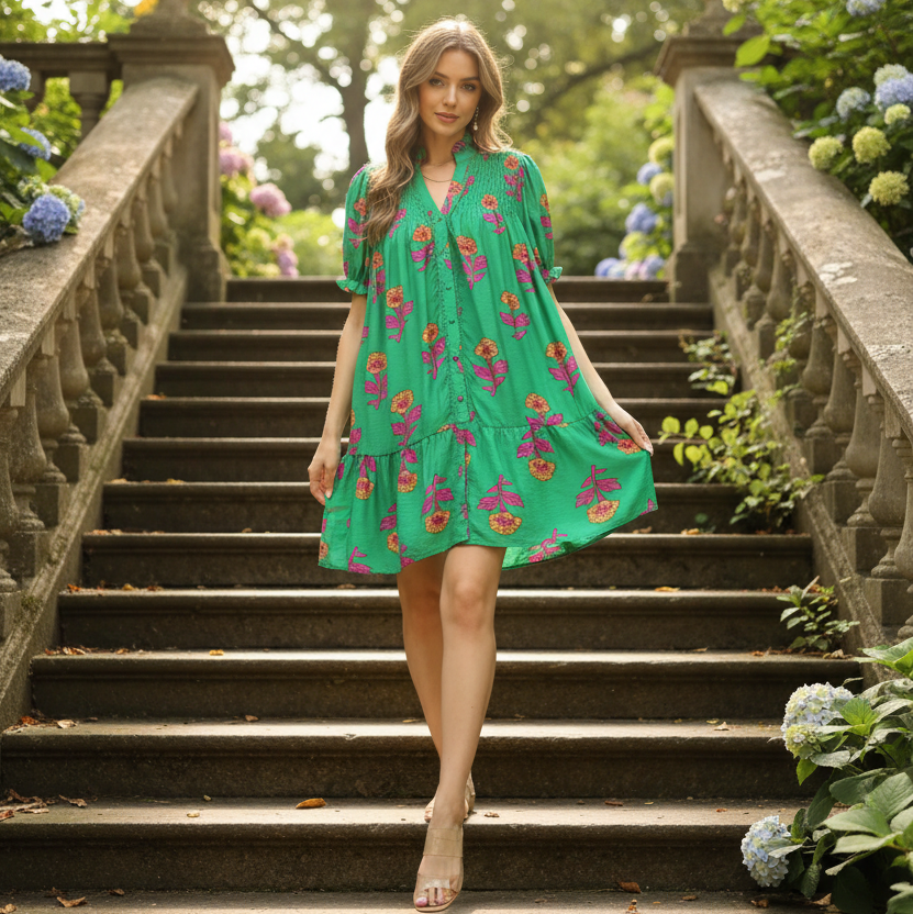 Umgee Floral Button-Up Smocked Lace Trim Puff Sleeve Ruffle Babydoll Mini Dress Green