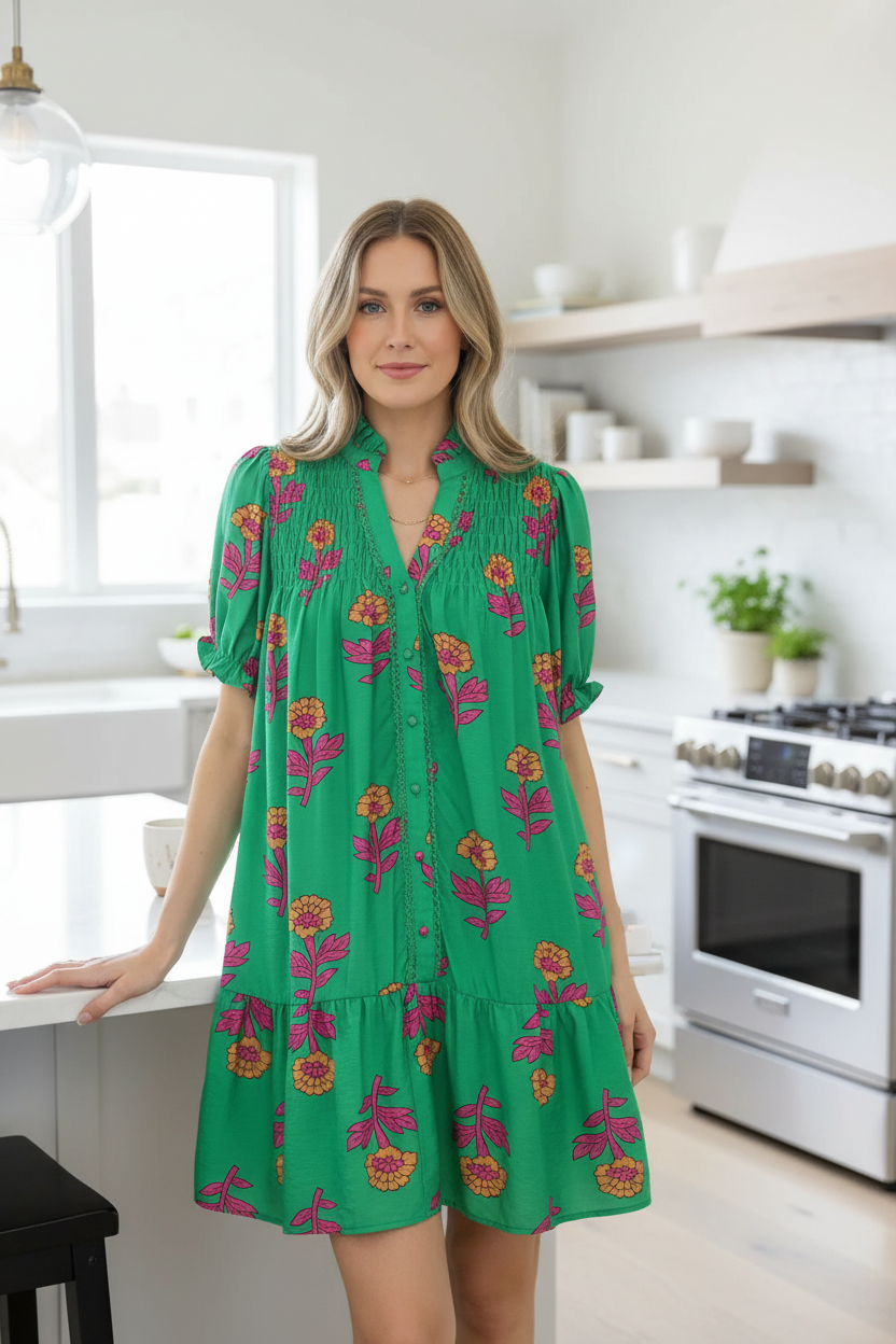 Umgee Floral Button-Up Smocked Lace Trim Puff Sleeve Ruffle Babydoll Mini Dress Green