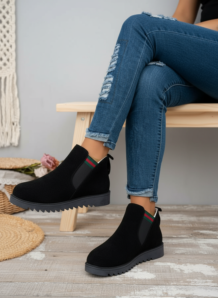 Faux Suede Boots Stripe Plush Sherpa Slip-on Ankle Bootie Side Elastic Stripe Shoes