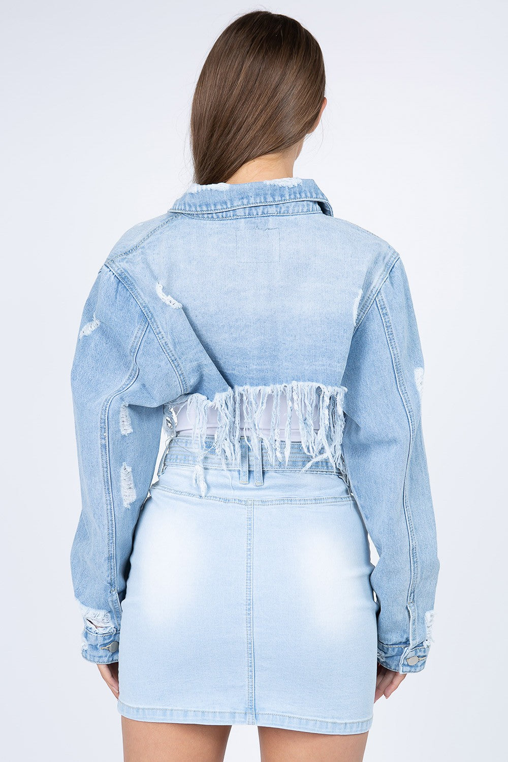 American Bazi Ultra Cropped Distressed Frayed Cut-Off Denim Button-Up Jean Jacket