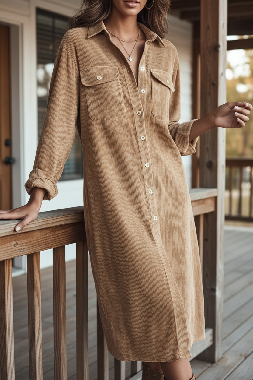 Corduroy Button-Up Retro Collared Shirt Dress Long Sleeve Chest Pocket