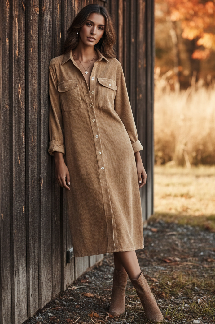 Corduroy Button-Up Retro Collared Shirt Dress Long Sleeve Chest Pocket