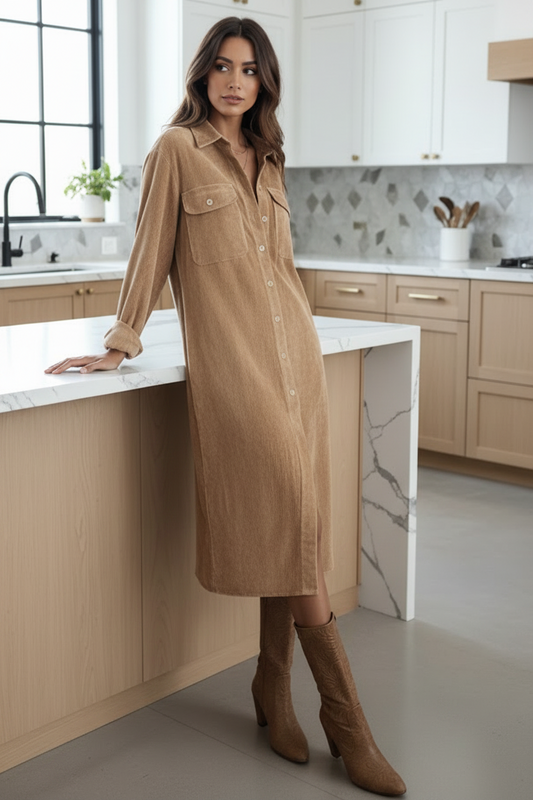 Corduroy Button-Up Retro Collared Shirt Dress Long Sleeve Chest Pocket