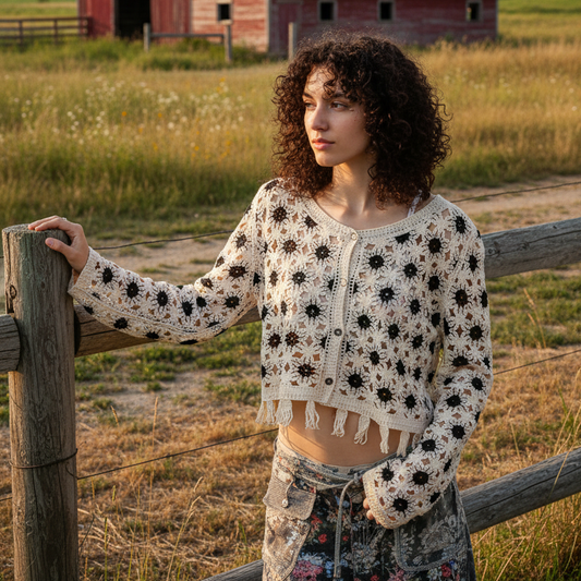 POL Openwork Floral Crochet Granny Knit Cardigan Tassel Fringe Hem Crop Button-Up Neutral Black