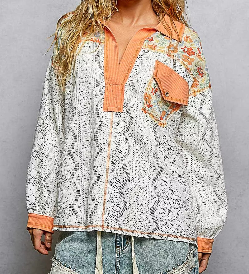 POL Floral Lace Patchwork Long Sleeve Shirt Front Pocket Top Split Collar Blouse Coral Orange