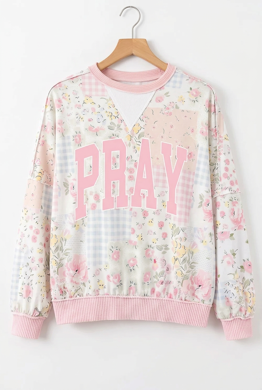 PRAY Floral Patchwork Sweatshirt Ribbed Back Exposed Seam Long Sleeve Pullover