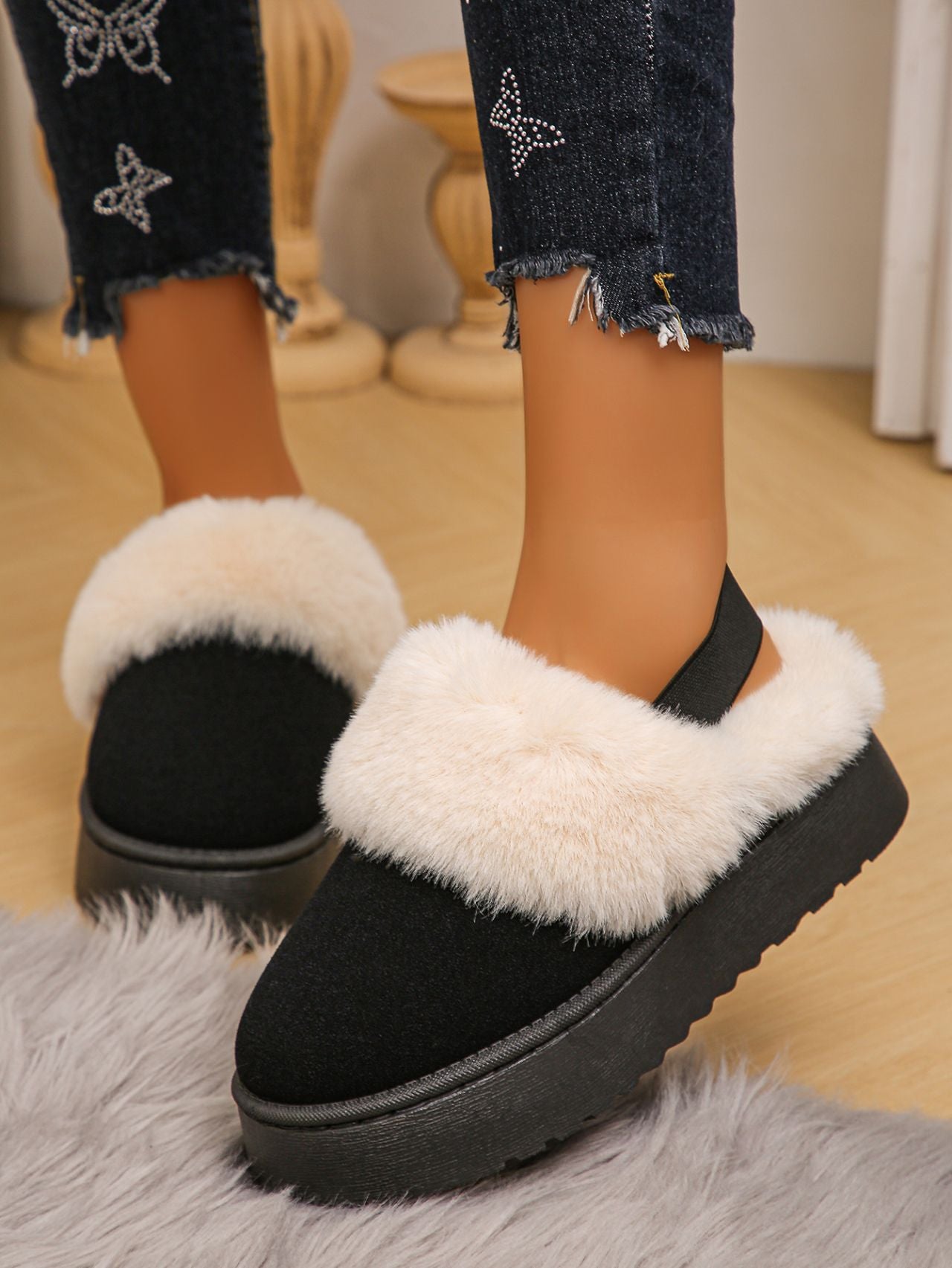 Platform Slippers Funkette Plush Faux Fur Slip-on Vegan Suede Ankle Strap Shoes